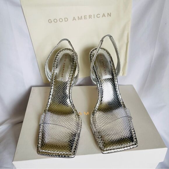 GOOD AMERICAN Heels Silver Snake Lucite Heels Size 12 square toe - Picture 6 of 12
